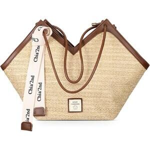 New Trifabricy Straw Summer Cruise Beach Faux Leather Trim Zippered Tote Bag